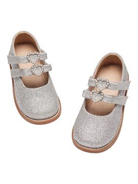 Toddler Girl silver glitter mary jane flats with heart pearls